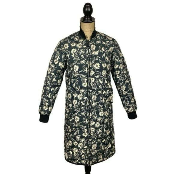 Frank & Oak Reversible Floral Black & White Long Bomber Jacket Womans Small - Picture 2 of 15